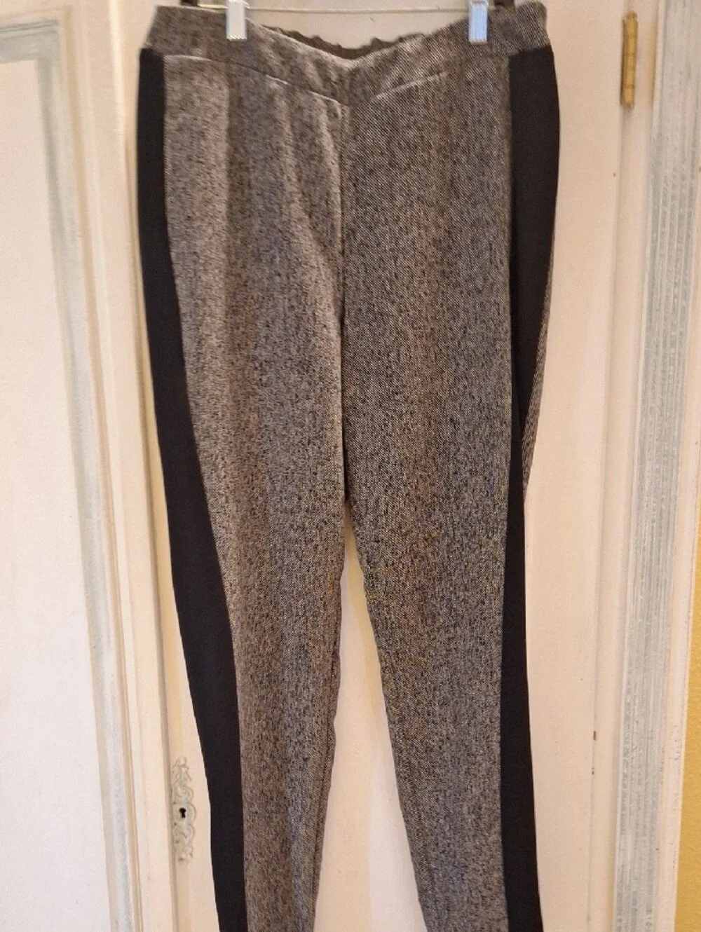 Tweed-Style Black & White ladies Pant with sporty black banding down the side.
